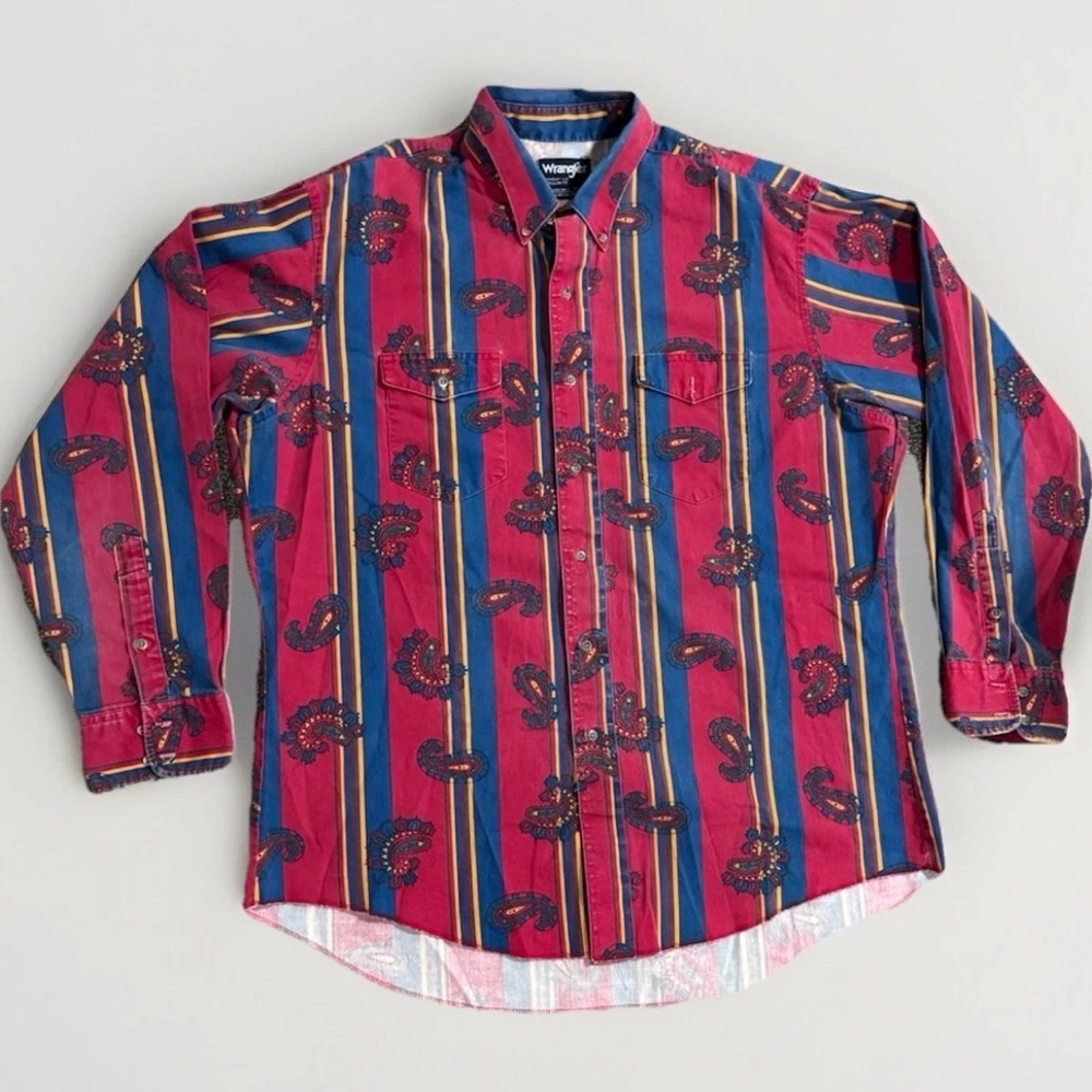 Wrangler Brushpopper Western Paisley Stripe Shirt Mens XL 17.5x35 90s Vintage